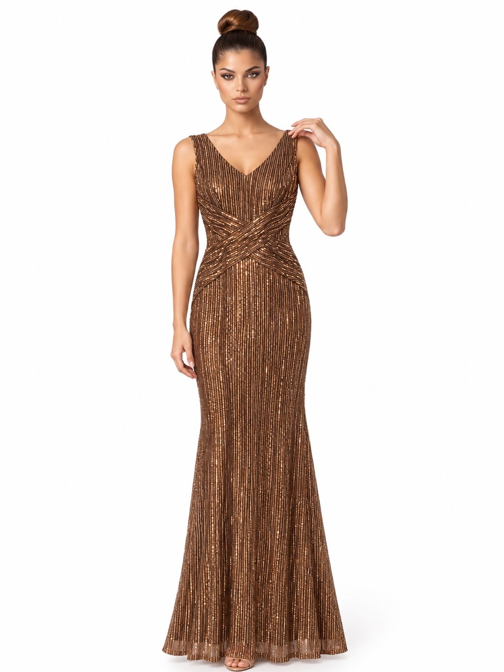Bronze Sequin Ruched Formal Evening Gown Size 12 NWT Wedding Guest Holiday Party